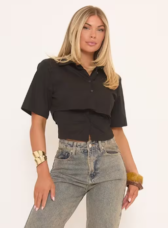 Ego - Short Sleeve Fitted Waist Shirt In Black