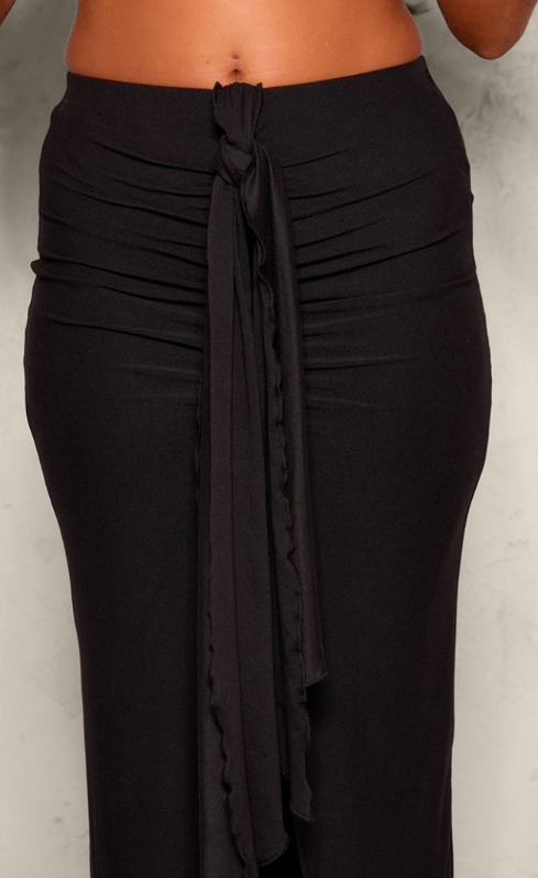 Plt - Black Soft Touch Ruched Knot Detail Split Leg Maxi Skirt
