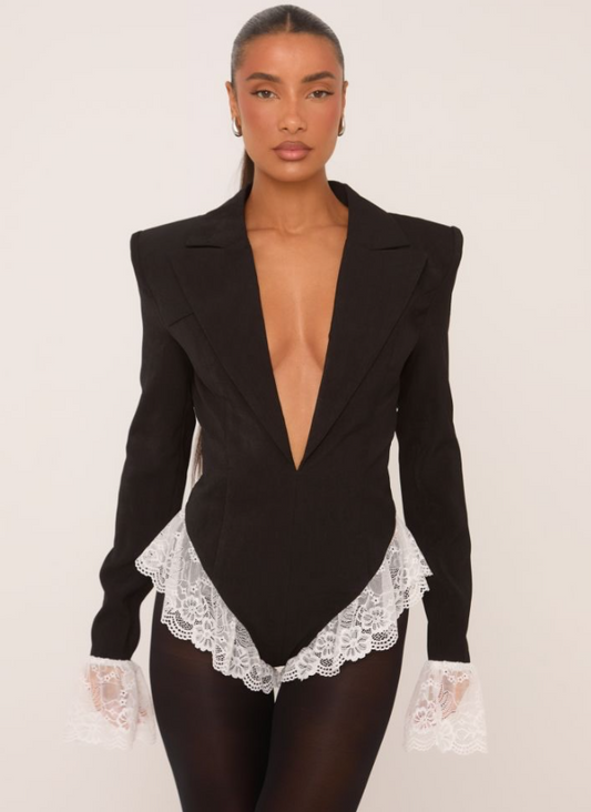 Ego - PLUNGE NECK SHOULDER PAD LACE TRIM MICRO MINI BLAZER PLAYSUIT IN BLACK