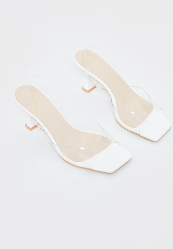 Plt - White Low Cake Stand Square Toe Clear Strap Slingback Heeled Sandals