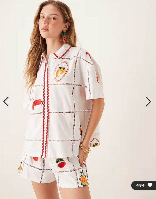 ASOS DESIGN ricrac shirt co-ord with summer embroidery