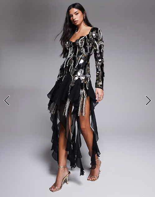ASOS LUXE embellished chiffon trim mini dress in black