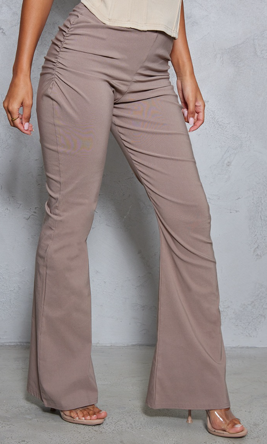 Mocha Stretch Woven Ruched Side Flare Pants