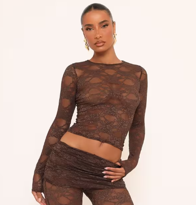 Ego - Fold Over Waistband Leggings In Brown Lace