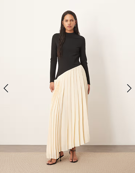 ARRANGE contrast fabric sculpted maxi dress with pleat skirt in black