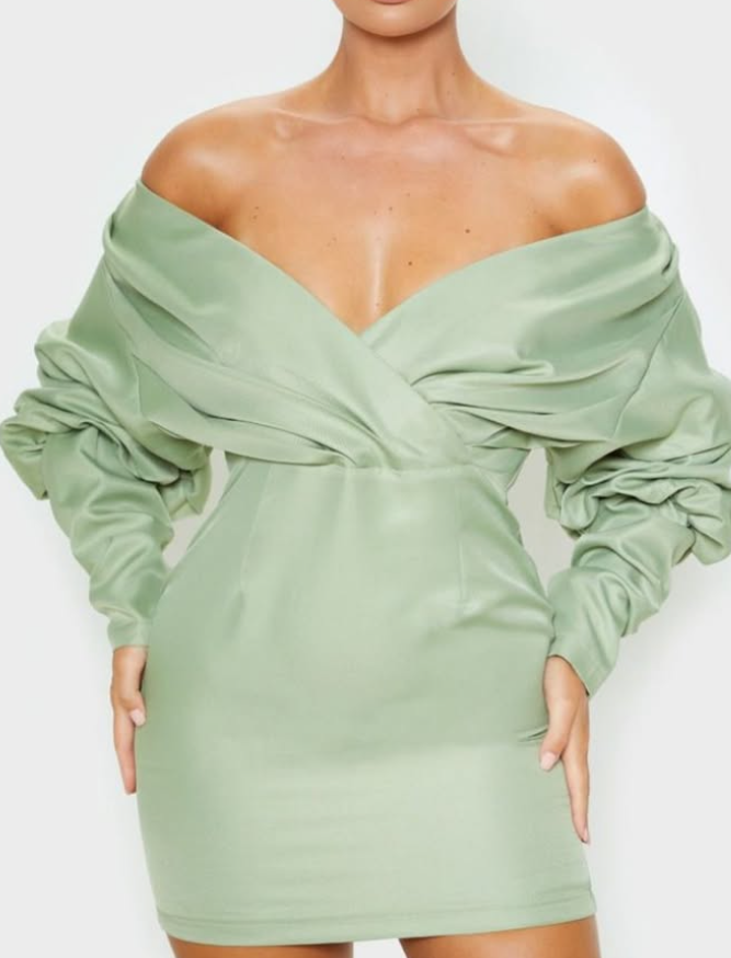 Sage Green Off The Shoulder Ruched Bodycon Dress