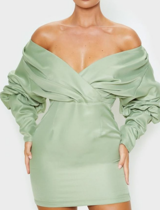 Sage Green Off The Shoulder Ruched Bodycon Dress