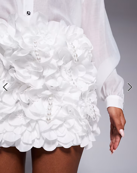 ASOS LUXE 3D floral ruffle mini skirt with drop pearl embellishment in white