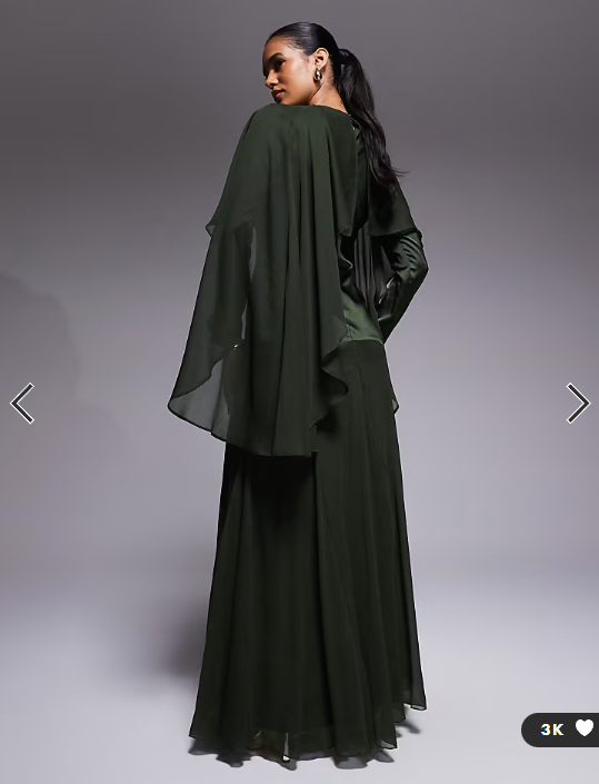 ASOS DESIGN cape detail ruffle chiffon satin mix maxi dress in dark green