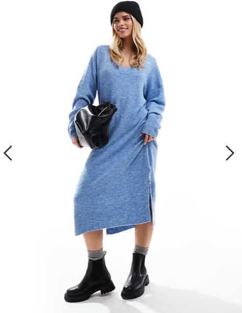 Vero Moda Petite oversized knitted v neck maxi dress in blue melange