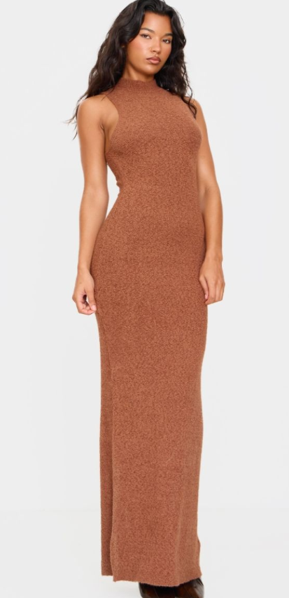 Mocha Fluffy Boucle Knit Racer Dress
