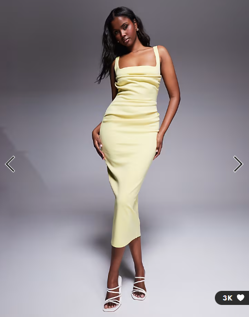 ASOS DESIGN curved neckline midi dress with split in lemon in scuba-style fabric