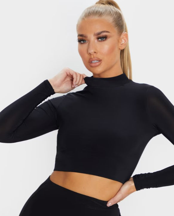 Rio Black Slinky High Neck Long Sleeve Crop Top