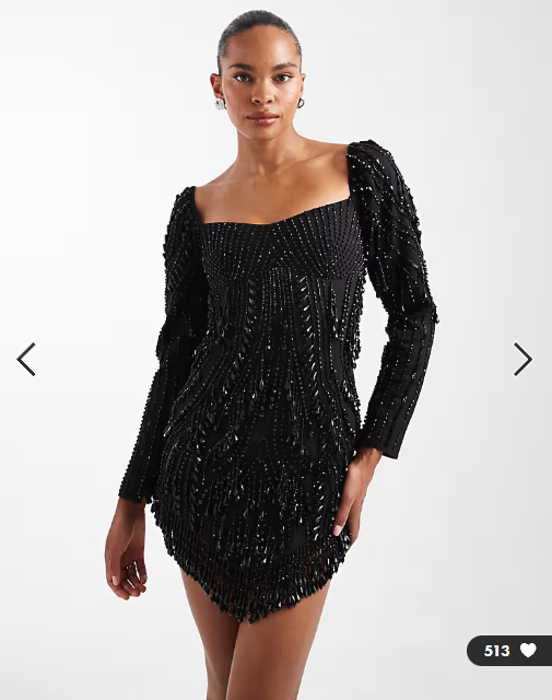 ASOS DESIGN embellished panelled mini dress with beaded fringe in black