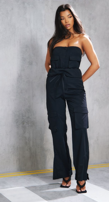 Plt - Black Cargo Bandeau Pocket Detail Frill Waist Jumpsuit
