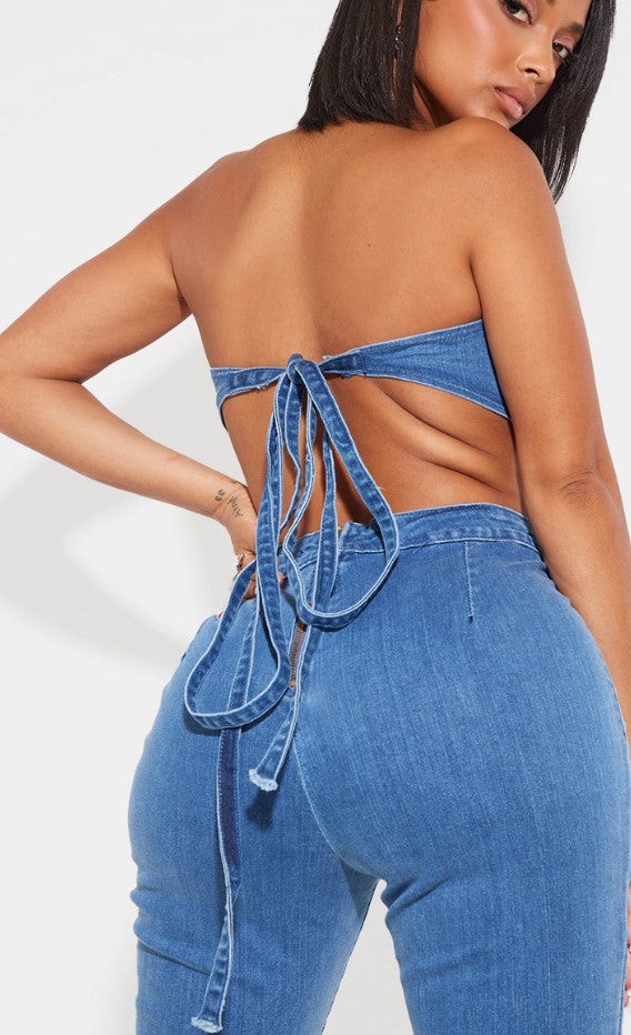 Shape Mid Blue Wash Cup Detail Tie Back Denim Jumpsuit