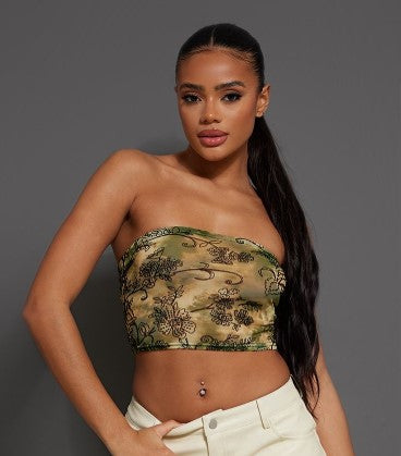 Green Printed Flock Tube Top