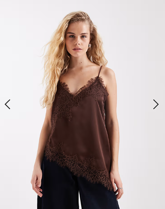 Vero Moda asymmetric lace trim satin cami top in brown