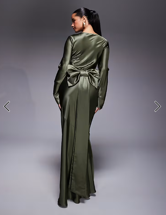 Daska satin maxi dress with exaggerated bow back in khaki