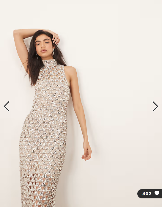 ARRANGE geo cut work embellished high neck column maxi dress in silver