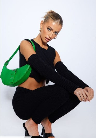 Black Rib Knit Racer Crop Top & Sleeves