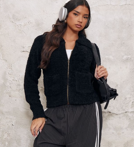 Plt - Black Pocket Detail Zip Up Knitted Jacket