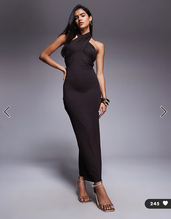 ASOS DESIGN wrap front halterneck midi dress with open back in chocolate