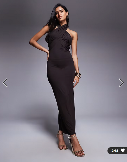 ASOS DESIGN wrap front halterneck midi dress with open back in chocolate