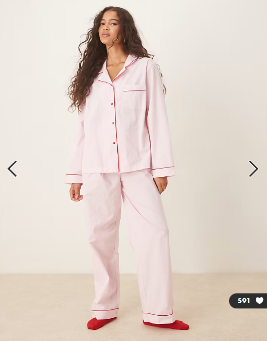 ASOS DESIGN woven shirt & wide leg pyjama set in pink with contrast piping in red