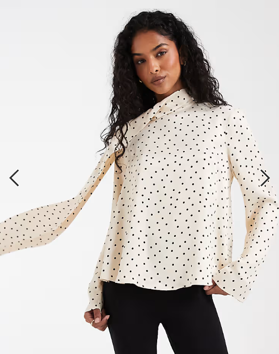 ASOS DESIGN satin scarf detail blouse in buttermilk spot
