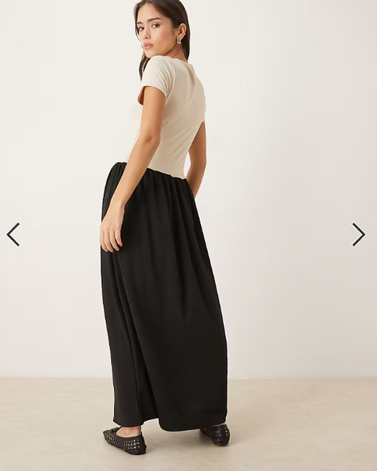 ASOS DESIGN slash neck hybrid dropped waist maxi dress in black and white