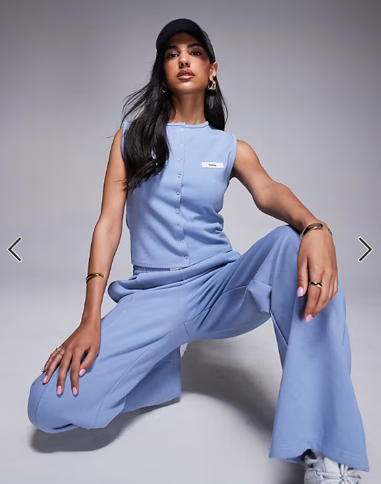 Kaiia exclusive cotton blend sleeveless cropped button through vest top co-ord in blue