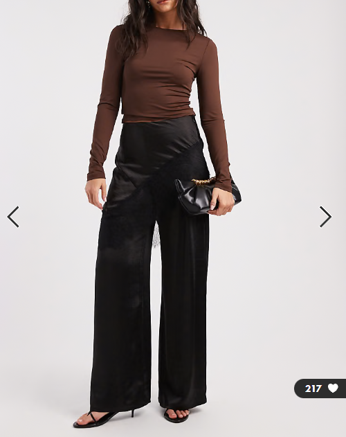 ASOS DESIGN tailored wide leg satin trousers with lace trim skirt overlay in black
