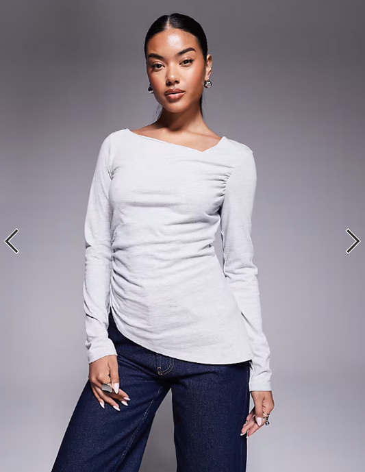 ASOS DESIGN long sleeve top with asymmetric neck and hem in grey marl