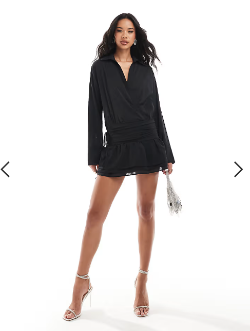 Kaiia exclusive plunge neck dropped waist ruffle hem mini dress in black