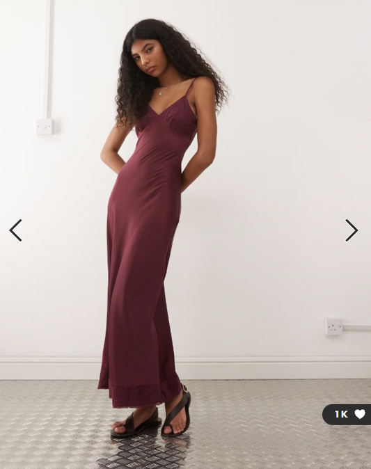 Reclaimed Vintage maxi cami satin slip dress with lace trims in fig