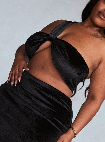 PLUS BLACK VELVET ASYMMETRIC STRAP BANDEAU TOP