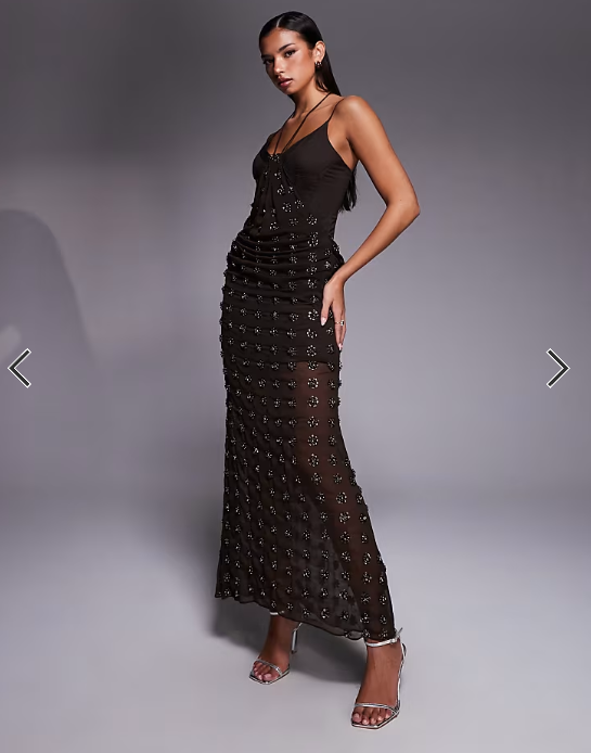 ASOS DESIGN embellished contour midi dress with draped skirt detail in chocolate