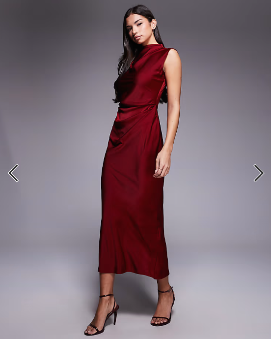 Asos - satin high neck pleated bldice midi dress burgundy