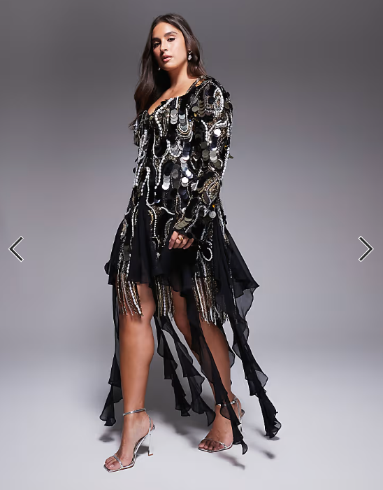 ASOS LUXE Curve embellished chiffon trim mini dress in black