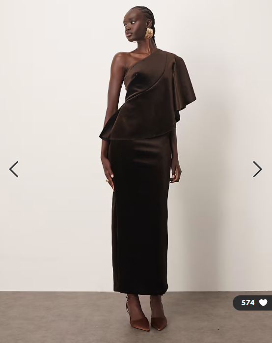 ARRANGE one shoulder velvet bodice maxi dress in chocolate