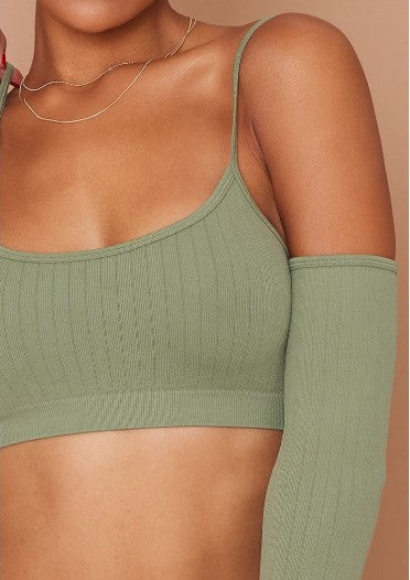 Khaki Wide Contour Rib Cold Shoulder Crop Top