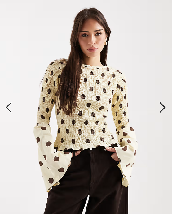 ASOS DESIGN shirred angel sleeve top in buttermilk polka dot