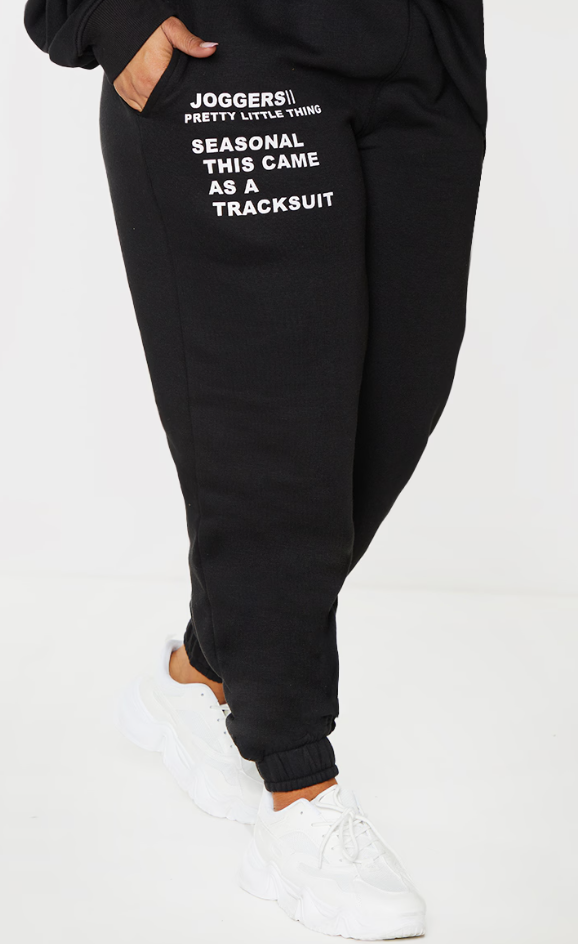 Plus Black Slogan Print Cuffed Joggers