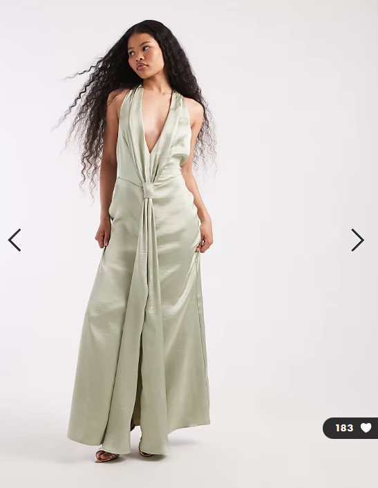 TFNC Petite Bridesmaid satin plunge halter neck tassel detail maxi dress in sage green