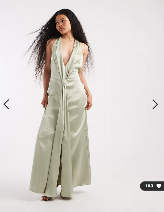 TFNC Petite Bridesmaid satin plunge halter neck tassel detail maxi dress in sage green