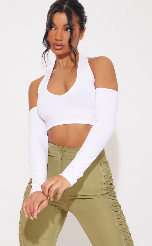 White Halter Neck Cold Shoulder Crop Top