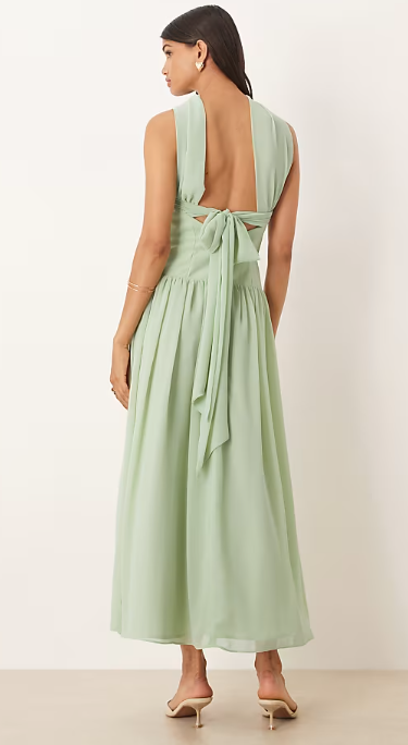 ASOS DESIGN scarf tie back drop waist midi dress in sage green