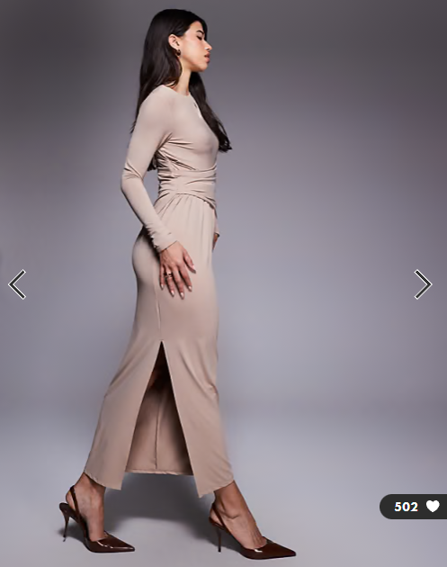 ASOS DESIGN soft touch long sleeve drape maxi dress in cappucino