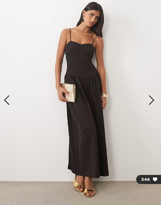 ASOS DESIGN shirred bodice broderie maxi dress in chocolate